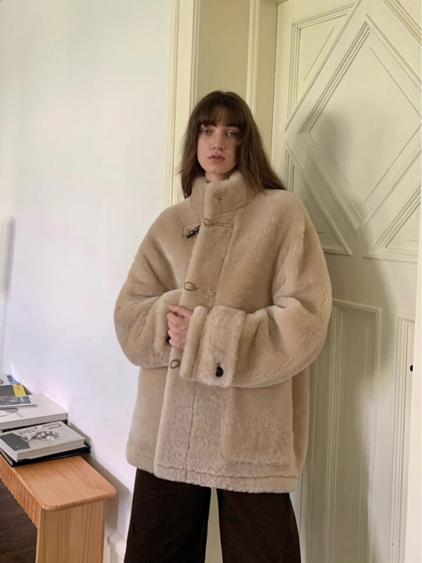 Dreamer Stand Collar Casual Imported Merino Long Sheepskin Jacket - Image 3
